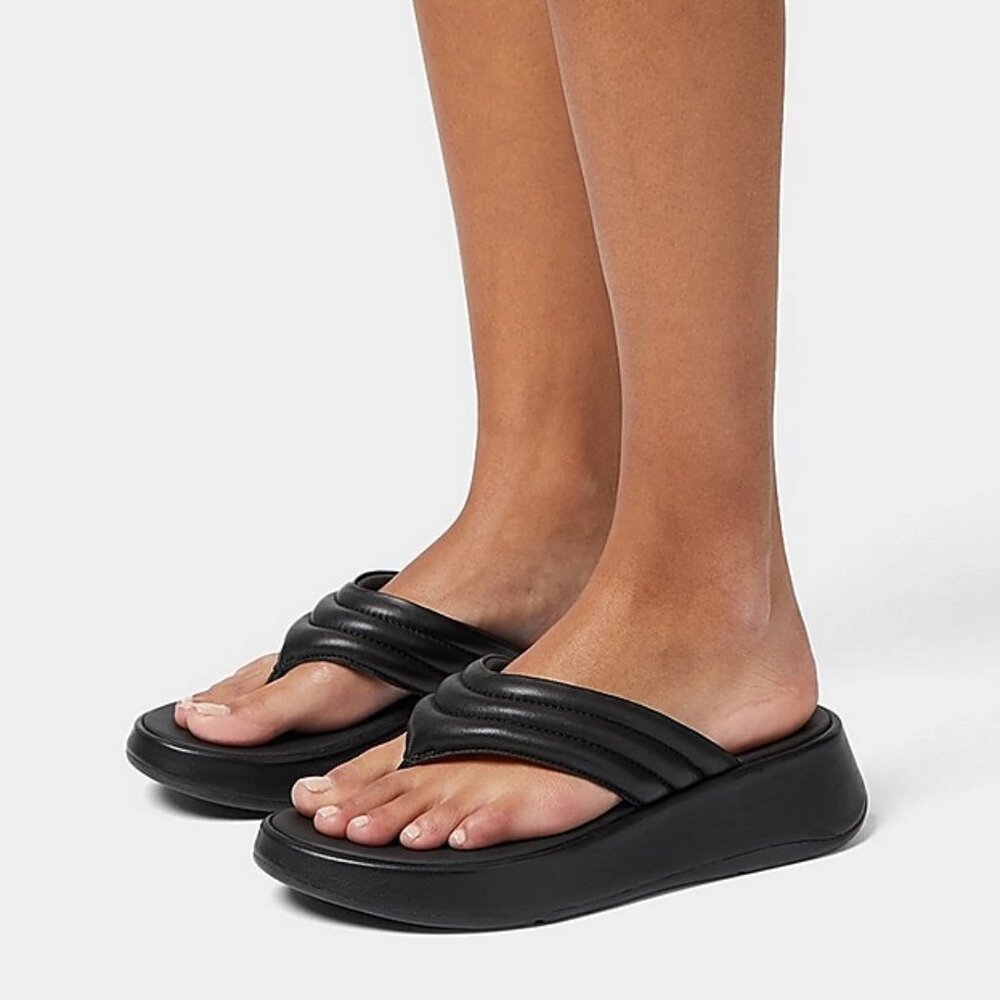NIB FitFlop F-MODE Padded‎ Leather Flatform Toe-Post sandals black size 10 $180